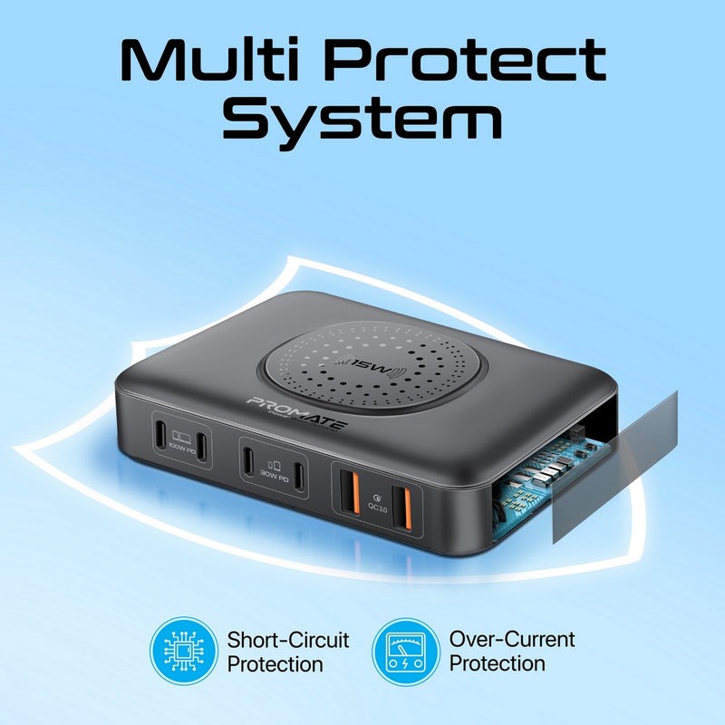 Promate GaNFast™ 100W Power Delivery Charging Station with 15W Wireless Charger | Universal Compatibility | Charge 7 Devices atThe Same Time | Ultra-Compact & Small Design | 2 Years Warranty | PowerBase-GaN100 |
