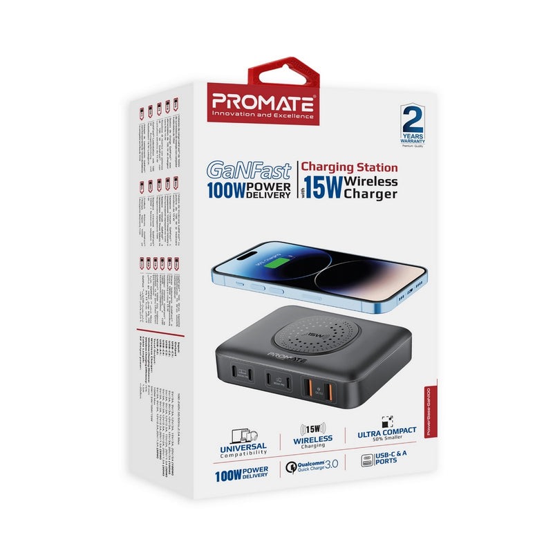Promate GaNFast™ 100W Power Delivery Charging Station with 15W Wireless Charger | Universal Compatibility | Charge 7 Devices atThe Same Time | Ultra-Compact & Small Design | 2 Years Warranty | PowerBase-GaN100 |