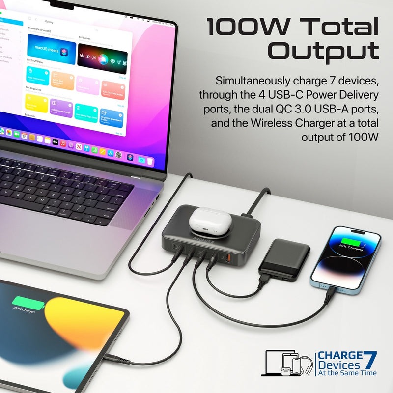 Promate GaNFast™ 100W Power Delivery Charging Station with 15W Wireless Charger | Universal Compatibility | Charge 7 Devices atThe Same Time | Ultra-Compact & Small Design | 2 Years Warranty | PowerBase-GaN100 |