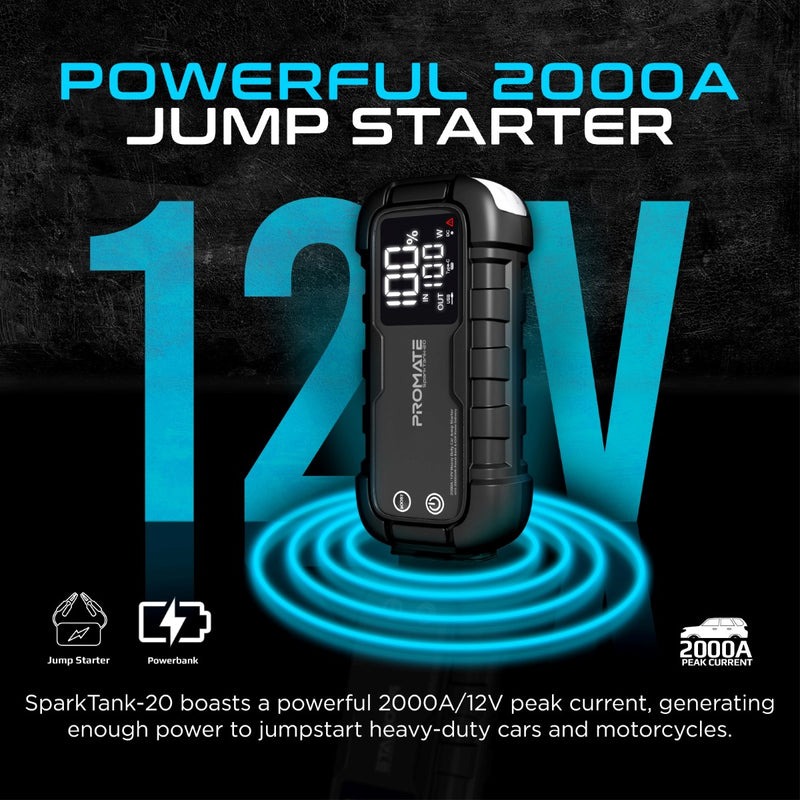Promate 2000A/12V Heavy Duty Car Jump Starter with 20000mAh Power Bank & 45W Power Delivery | LED Digital Display | Universal Compatibility | LED Flashlight | QC3.0 Quick Charge | Portable Case Included | 2 Years Warranty | SparkTank-20 |