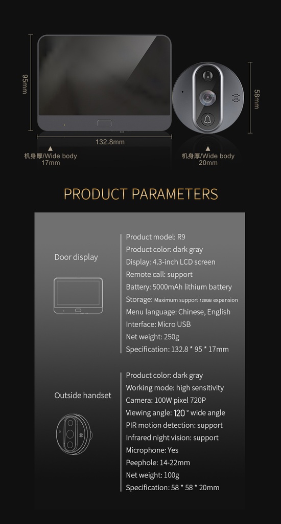 Smart PeepHole Viewer Door Bell | Night Vision | 3 Months Standby | PIR Motion Detection | 2-Way Audio | Smart App Control |