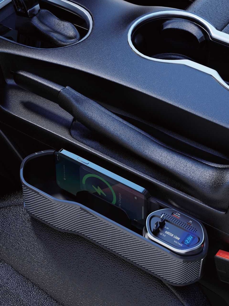 Green Lion Universal Car Organizer With Wireless Charging Doc, LED Digital Display, Built-in Retractable Type-C & Lightning Cables, Multiple Protection, 2 Years Warranty Model: GL-SX-12-6 (GNUNORGCDOWBK)