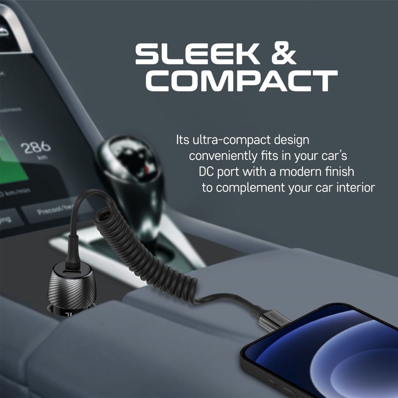 Promate 33W Quick Charging Car Charger with Lightning Connector Cable | Universal Compatibility | USB-C PD Charging Port | Heat Resistant | Sleek & Compact | 2 Years Warranty | PowerDrive-33PDI |