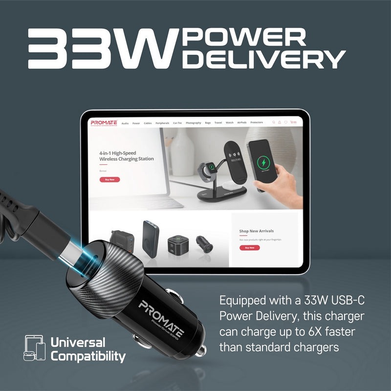 Promate 33W Quick Charging Car Charger with Lightning Connector Cable | Universal Compatibility | USB-C PD Charging Port | Heat Resistant | Sleek & Compact | 2 Years Warranty | PowerDrive-33PDI |