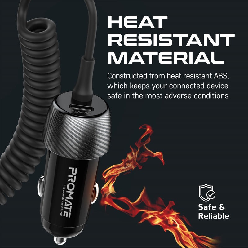 Promate 33W Quick Charging Car Charger with Lightning Connector Cable | Universal Compatibility | USB-C PD Charging Port | Heat Resistant | Sleek & Compact | 2 Years Warranty | PowerDrive-33PDI |