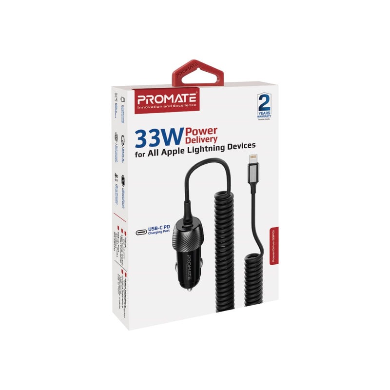 Promate 33W Quick Charging Car Charger with Lightning Connector Cable | Universal Compatibility | USB-C PD Charging Port | Heat Resistant | Sleek & Compact | 2 Years Warranty | PowerDrive-33PDI |