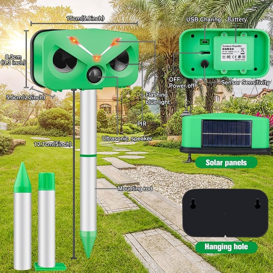 Outdoor Ultrasonic Solar Animal Repeller | Solar & Type-C Charging | Waterproof | 4 Adjustable Levels | 2 LED Flash Lamp | Voice Alarm | Variable Ultrasound Frequency |