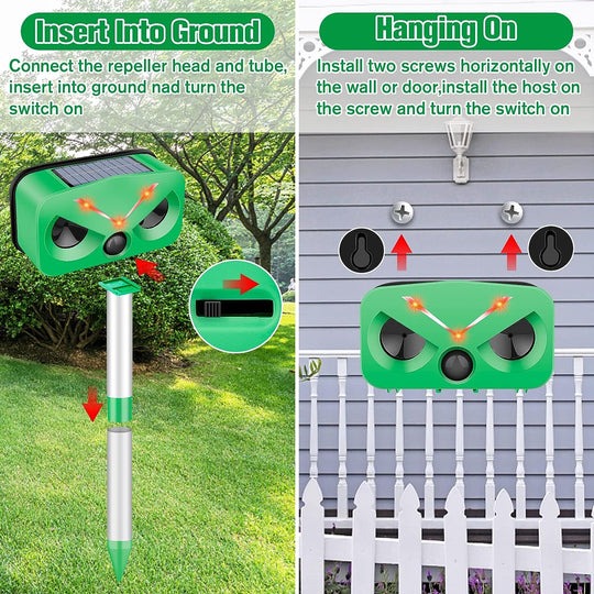 Outdoor Ultrasonic Solar Animal Repeller | Solar & Type-C Charging | Waterproof | 4 Adjustable Levels | 2 LED Flash Lamp | Voice Alarm | Variable Ultrasound Frequency |