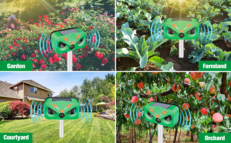 Outdoor Ultrasonic Solar Animal Repeller | Solar & Type-C Charging | Waterproof | 4 Adjustable Levels | 2 LED Flash Lamp | Voice Alarm | Variable Ultrasound Frequency |