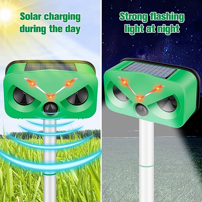 Outdoor Ultrasonic Solar Animal Repeller | Solar & Type-C Charging | Waterproof | 4 Adjustable Levels | 2 LED Flash Lamp | Voice Alarm | Variable Ultrasound Frequency |