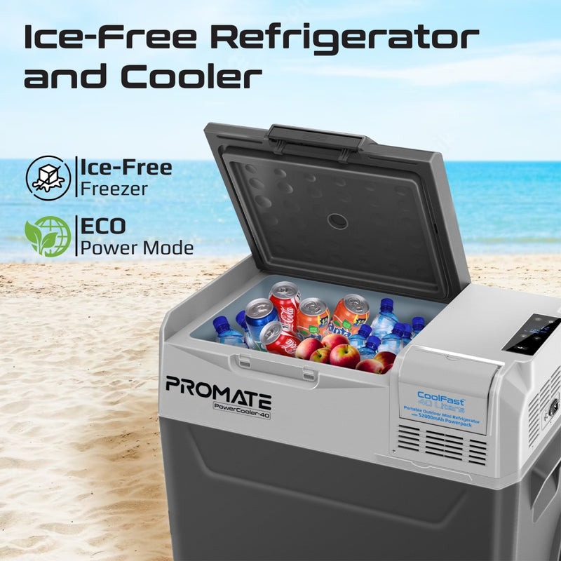 Promate Portable Outdoor Mini Refrigerator with 52000mAh Powerbank | 12H Long-Lasting Battery | Adjustable Cooling Options | Multiple Power Sources | 40L Large Capacity | PowerCooler-40 |