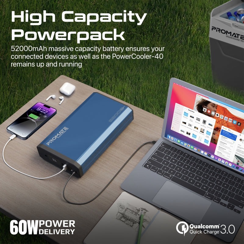 Promate Portable Outdoor Mini Refrigerator with 52000mAh Powerbank | 12H Long-Lasting Battery | Adjustable Cooling Options | Multiple Power Sources | 40L Large Capacity | PowerCooler-40 |