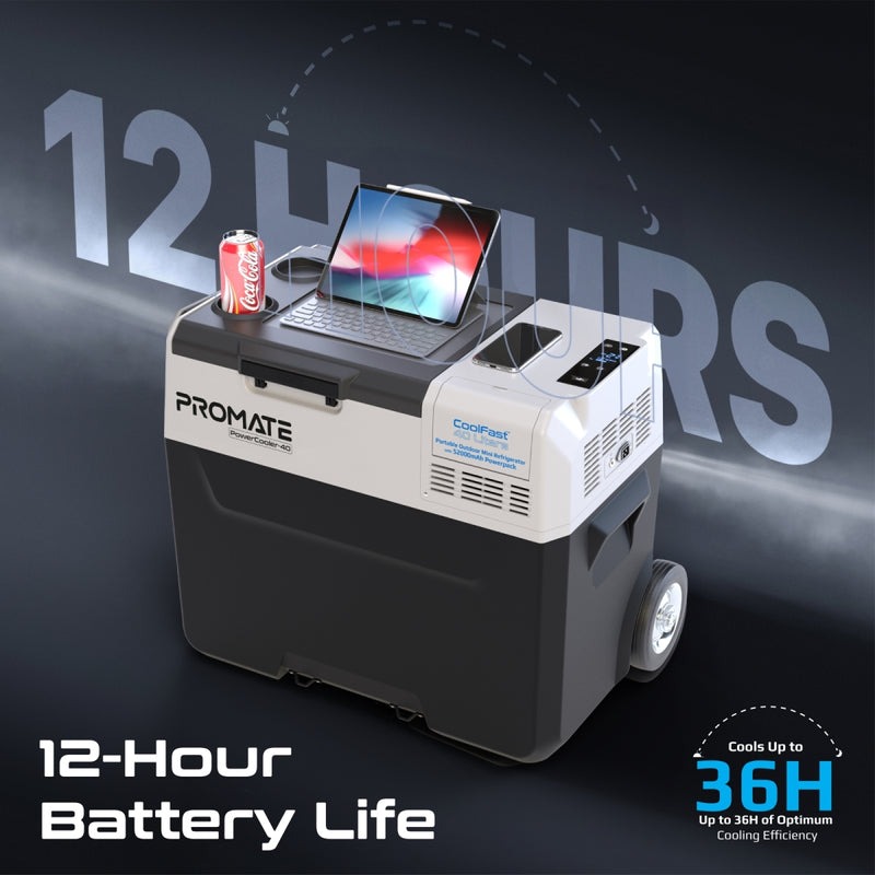 Promate Portable Outdoor Mini Refrigerator with 52000mAh Powerbank | 12H Long-Lasting Battery | Adjustable Cooling Options | Multiple Power Sources | 40L Large Capacity | PowerCooler-40 |