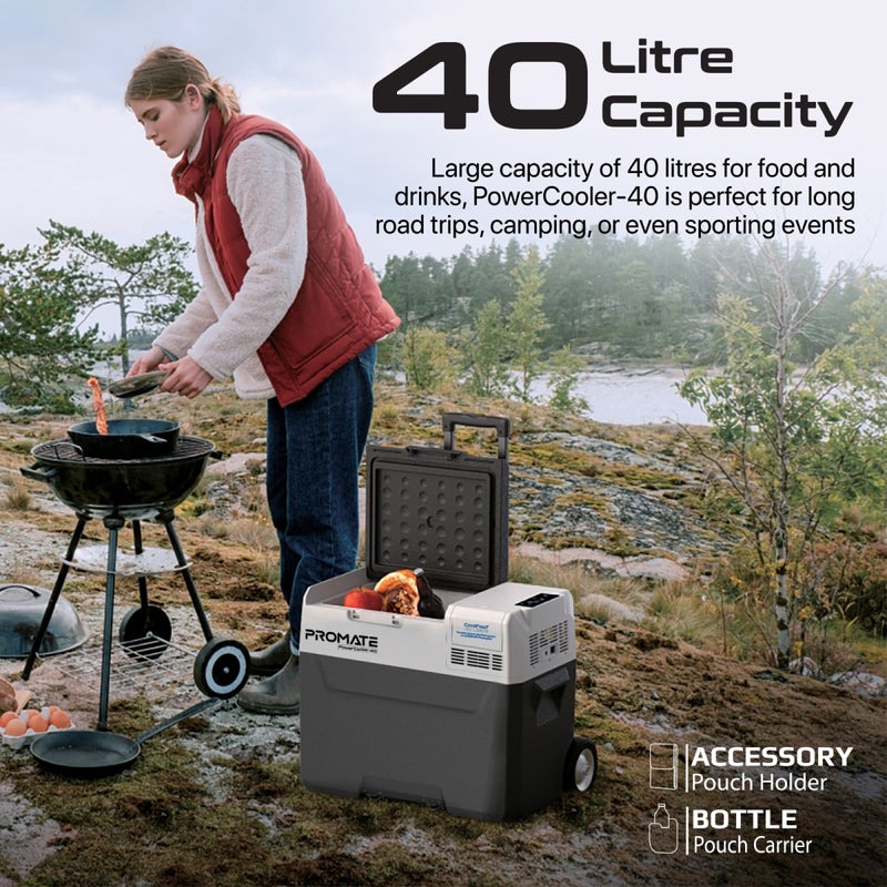 Promate Portable Outdoor Mini Refrigerator with 52000mAh Powerbank | 12H Long-Lasting Battery | Adjustable Cooling Options | Multiple Power Sources | 40L Large Capacity | PowerCooler-40 |