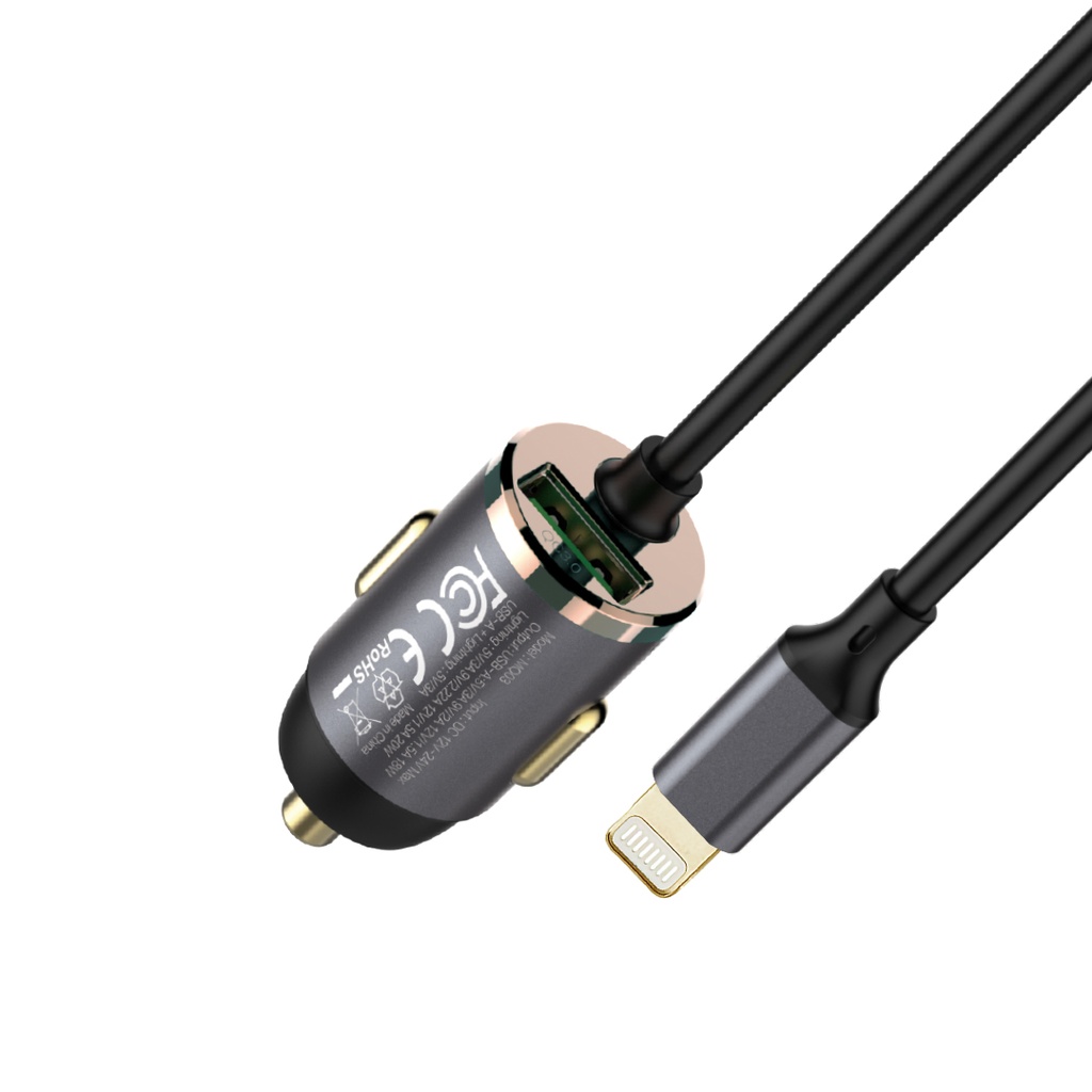7MD Car Charger With Built-in 20W Lightning Cable & 18W USB Port For Simultaneous Quick Charging (7MD-Q03)