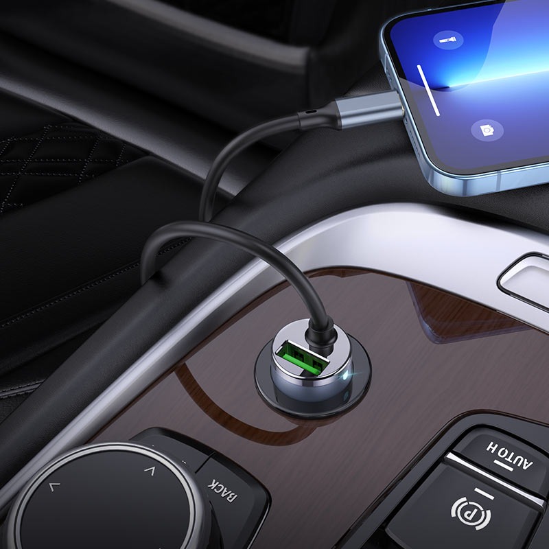 7MD Car Charger With Built-in 20W Lightning Cable & 18W USB Port For Simultaneous Quick Charging (7MD-Q03)