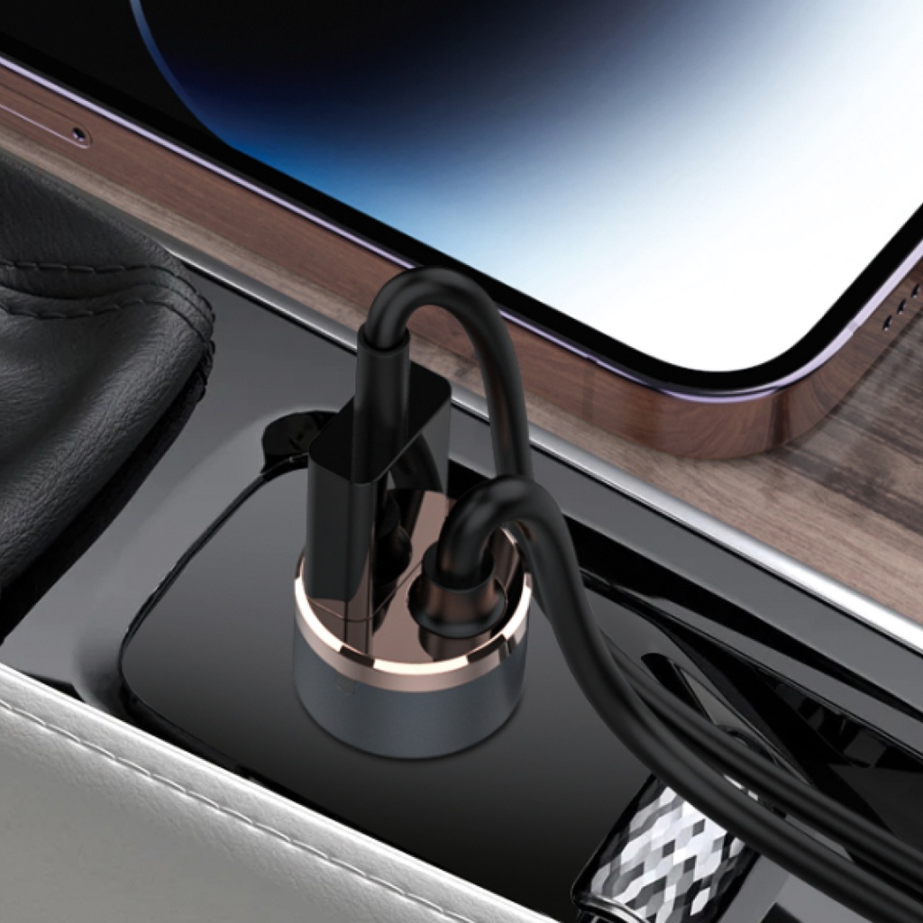 7MD Car Charger With Built-in 20W Lightning Cable & 18W USB Port For Simultaneous Quick Charging (7MD-Q03)