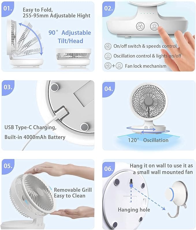 7MD 2 IN 1 Table and Wall Fan, USB Rechargeable Electric Desk Fan Oscillating Desktop Quiet Fan with 4 Speeds and LED Night Light