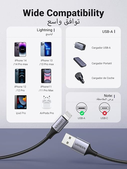 UGREEN USB-A to Lightning Durable Cable For Fast Charging & Stable Data Transfer 60156/60158