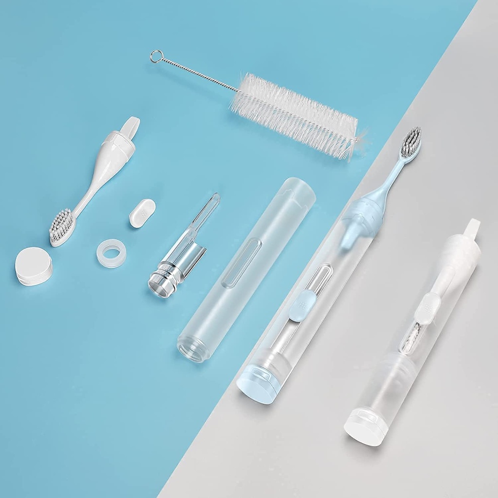 7MD Travel Toothbrush with a Builtin Case for Toothpaste, Folding Handle, Soft Bristle, Blue Color