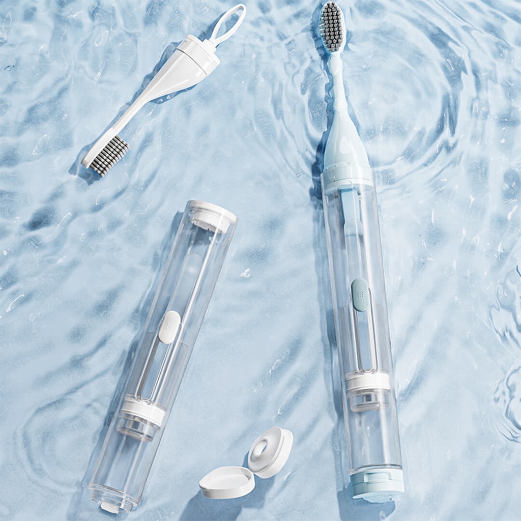 7MD Travel Toothbrush with a Builtin Case for Toothpaste, Folding Handle, Soft Bristle, Blue Color