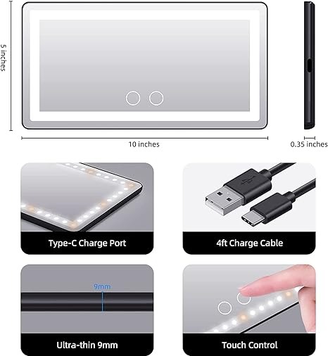 7MD Car Visor LED Vanity Mirror, Rechargeable Car Makeup Mirror with LED Lights