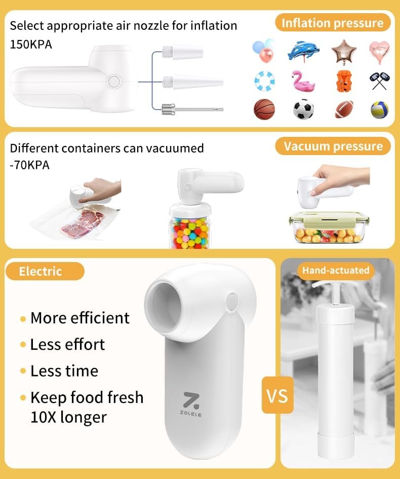 Zolele Electric Vacuum Kit Multi-Functional Portable Handheld Vacuum Sealing Machine with 20pcs Vacuum Sealer Bags For Food Preservation (EV01)