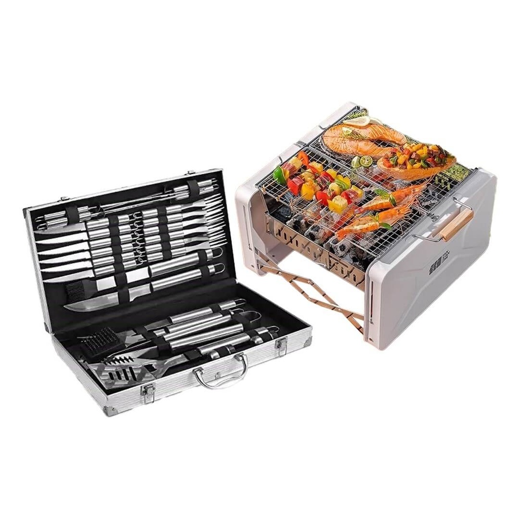 2 in 1 Stainless Steel BBQ Tools Set with Aluminum Case + Suitcase Folding Carbon Oven BBQ Grill (LX26+TXZ-WK310096-1)