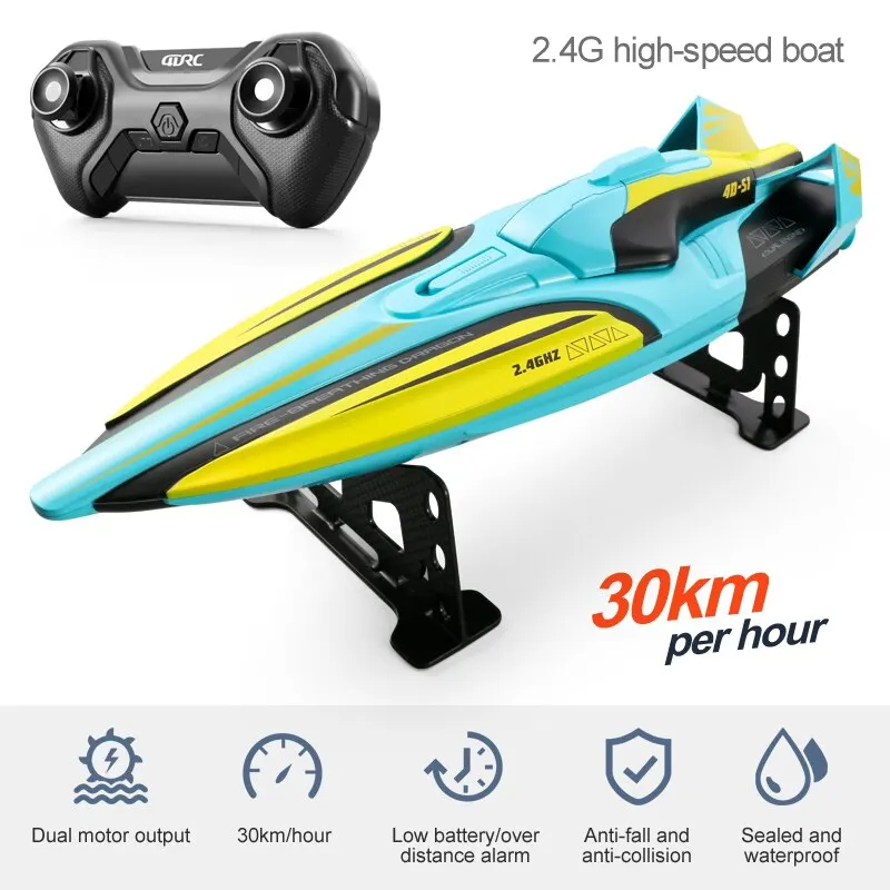 Fire Breathing Dragon 2.4GHZ Remote control Racing Boat Double Motor Drive High-speed Racing RC Boat 30KM/H Sealed Waterproof Intelligent Alarm LED Night Light 14+AGES (4D-S1)