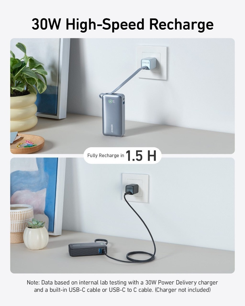 Anker Nano Power Bank 10,000mAh, Intelligent Display (30W, Built-In USB-C Cable) | A1259H11-BK / A1259H31-BL |