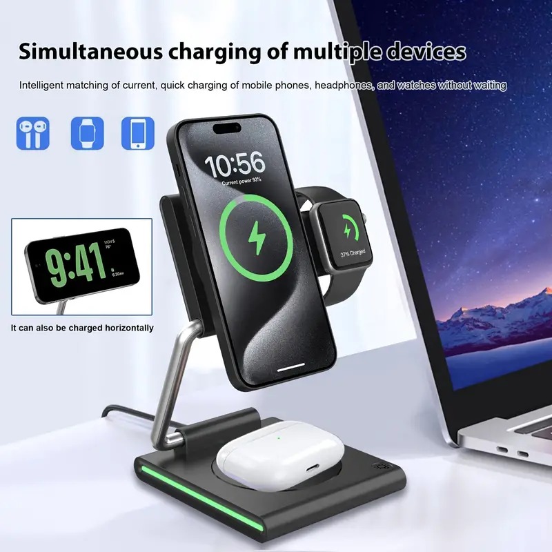 7MD 3 IN 1 Foldable Fast Wireless Charging Station 15W For Phone / Watch / Earpods Model: 7MD-W07