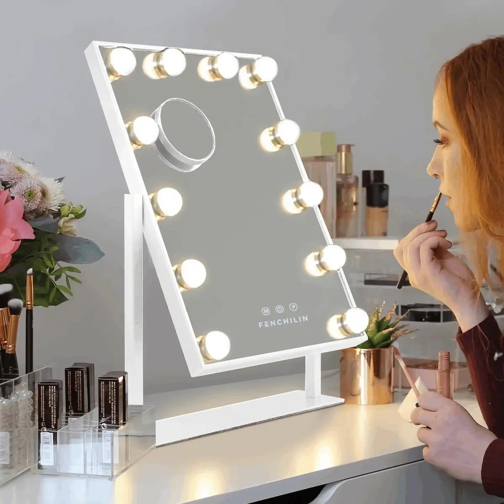 7MD LED Lamp Makeup Mirror with Lights 12 Lamp Dimmable Bulbs, 360 Rotation 3 Color Mode Smart Touch Control Mirrors