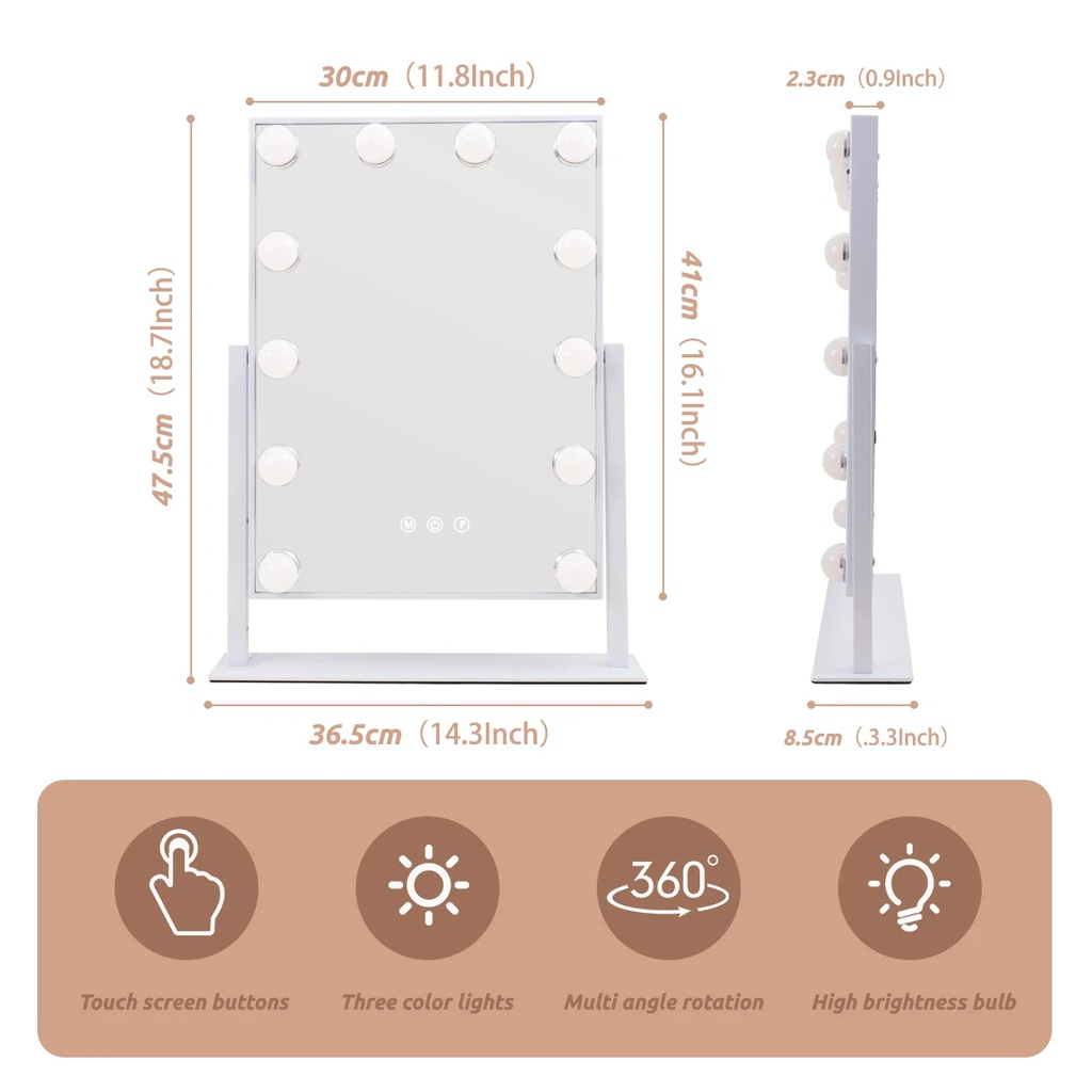 7MD LED Lamp Makeup Mirror with Lights 12 Lamp Dimmable Bulbs, 360 Rotation 3 Color Mode Smart Touch Control Mirrors