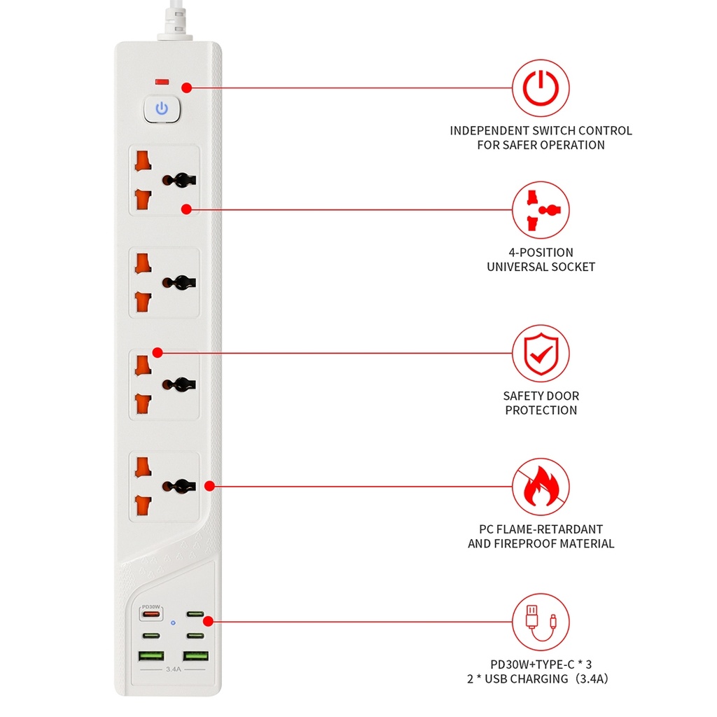 7MD Power Socket 4-Outlet, Power Extension Socket (USB*2+Type-C*4) 3000W