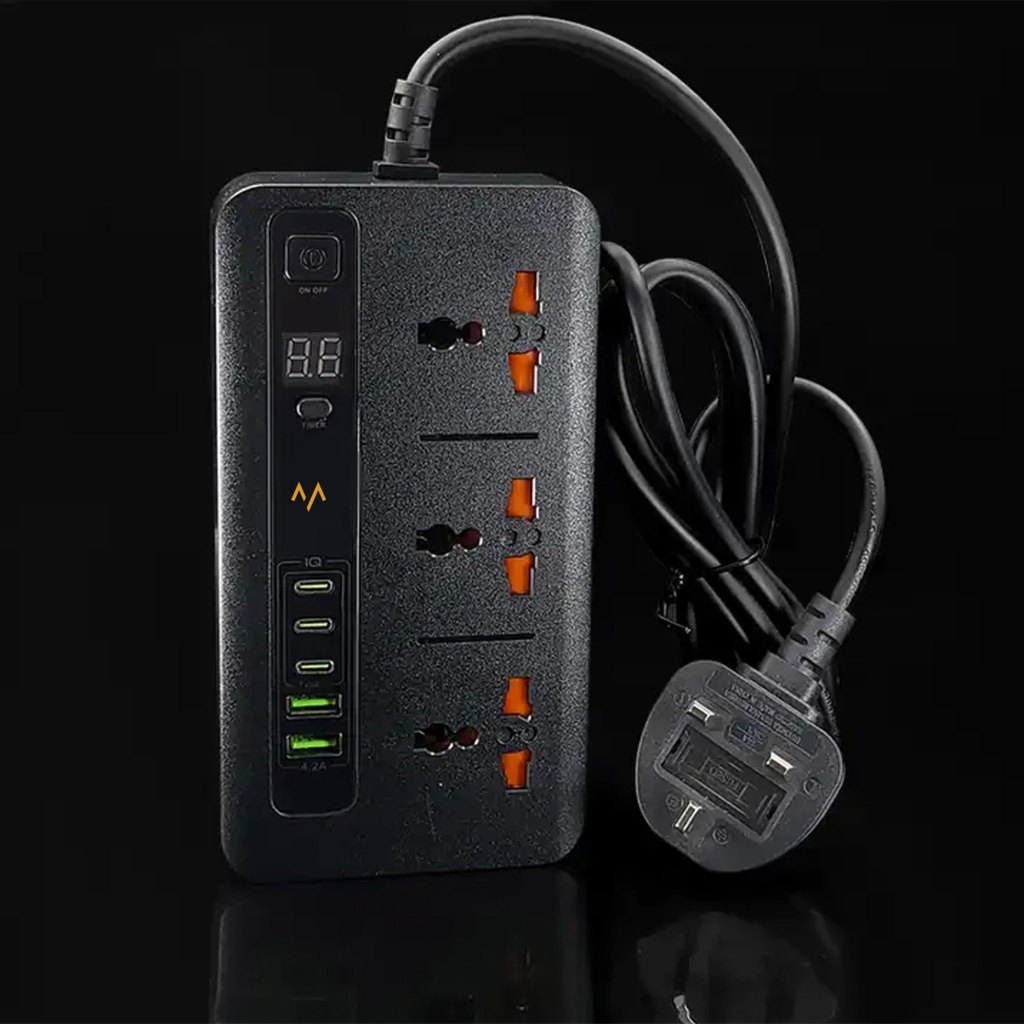 7MD Power Socket, 3-Outlet, Power Extension Socket With Digital Timer, (USB*2+Type-C*3), 3000W 2M, Model:7MD04