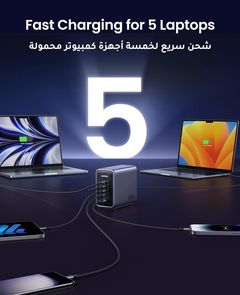 UGREEN 300W [Nexode GaN] USB C Charger 5 Ports Desktop Charging Station Power Adapter Laptop Charger with 240W USB C Cable | CD333/90904B |