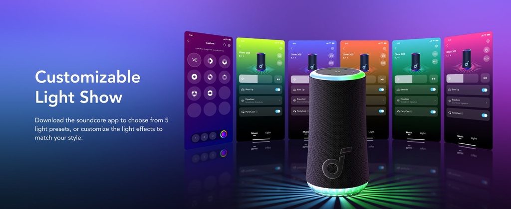Soundcore Glow Portable Speaker with 30W 360° Sound, Synchronized Radiant Light, 18H Playback, Customizable EQ and Light Show, and IP67 Waterproof | A3166011 |