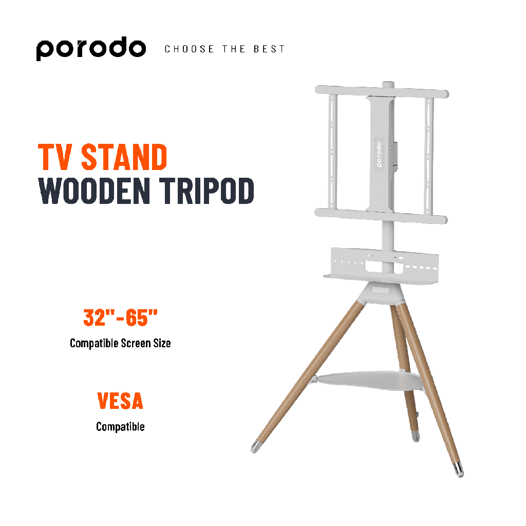Porodo Tripod Wooden TV Stand For 32" - 65" TVs | PD-ATVFTS-WH |