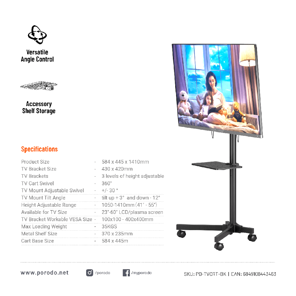 Porodo Mobile TV Stand Dynamic For 23"-60" Inch TVs with MAX VESA 400x400mm | PD-TVCRT-BK |