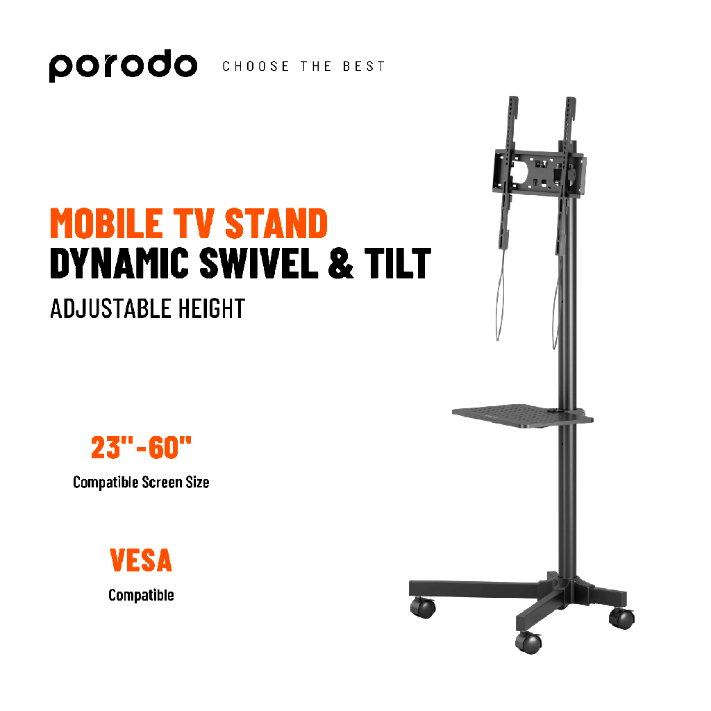 Porodo Mobile TV Stand Dynamic For 23"-60" Inch TVs with MAX VESA 400x400mm | PD-TVCRT-BK |