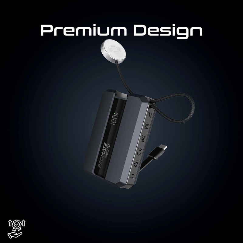 Promate 10,000mAh 30W Power Bank With Apple Watch Charger & Built-in USB-C Cable | Neo-10 |