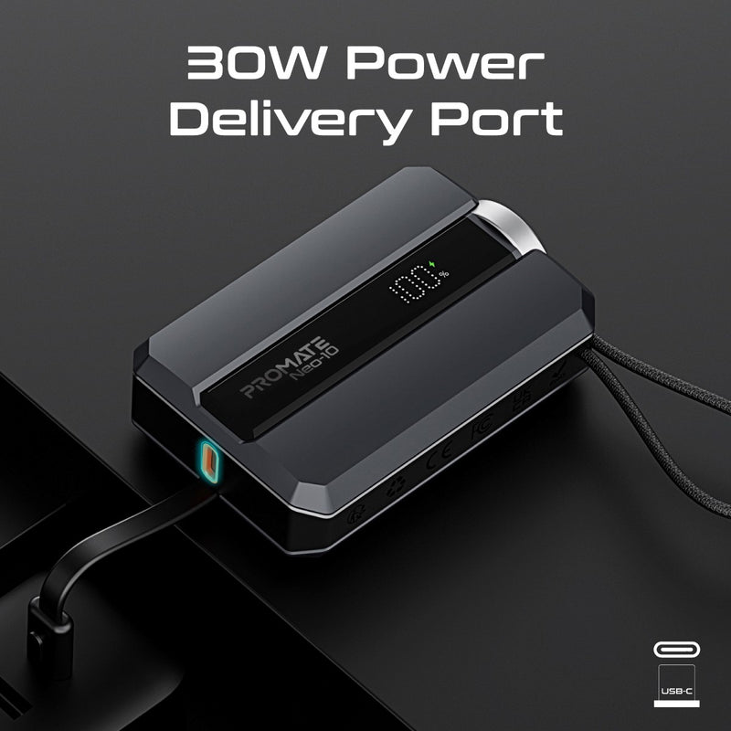 Promate 10,000mAh 30W Power Bank With Apple Watch Charger & Built-in USB-C Cable | Neo-10 |