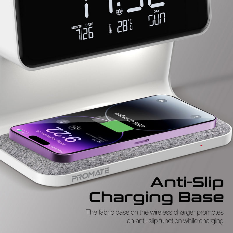 Promate Multi-Function LED Alarm Clock with 15W Wireless Charger, Night Light Modes, Alarm & Snooze Functions | Lumix-15W |