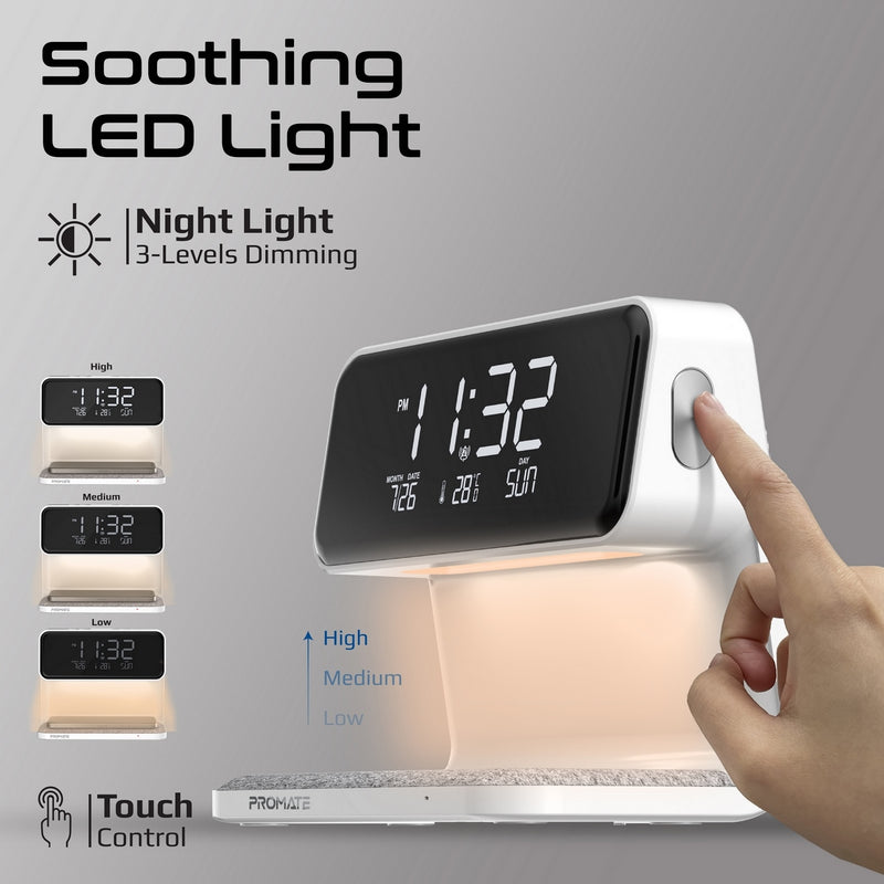 Promate Multi-Function LED Alarm Clock with 15W Wireless Charger, Night Light Modes, Alarm & Snooze Functions | Lumix-15W |