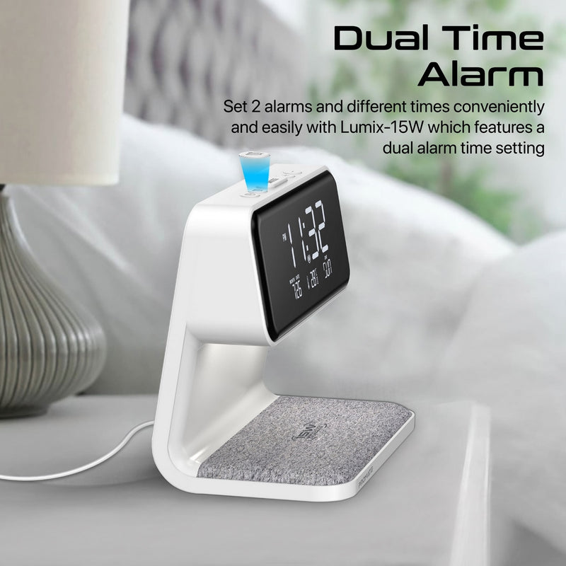 Promate Multi-Function LED Alarm Clock with 15W Wireless Charger, Night Light Modes, Alarm & Snooze Functions | Lumix-15W |