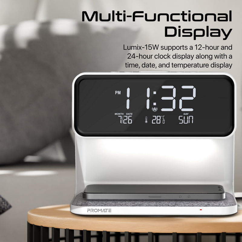 Promate Multi-Function LED Alarm Clock with 15W Wireless Charger, Night Light Modes, Alarm & Snooze Functions | Lumix-15W |