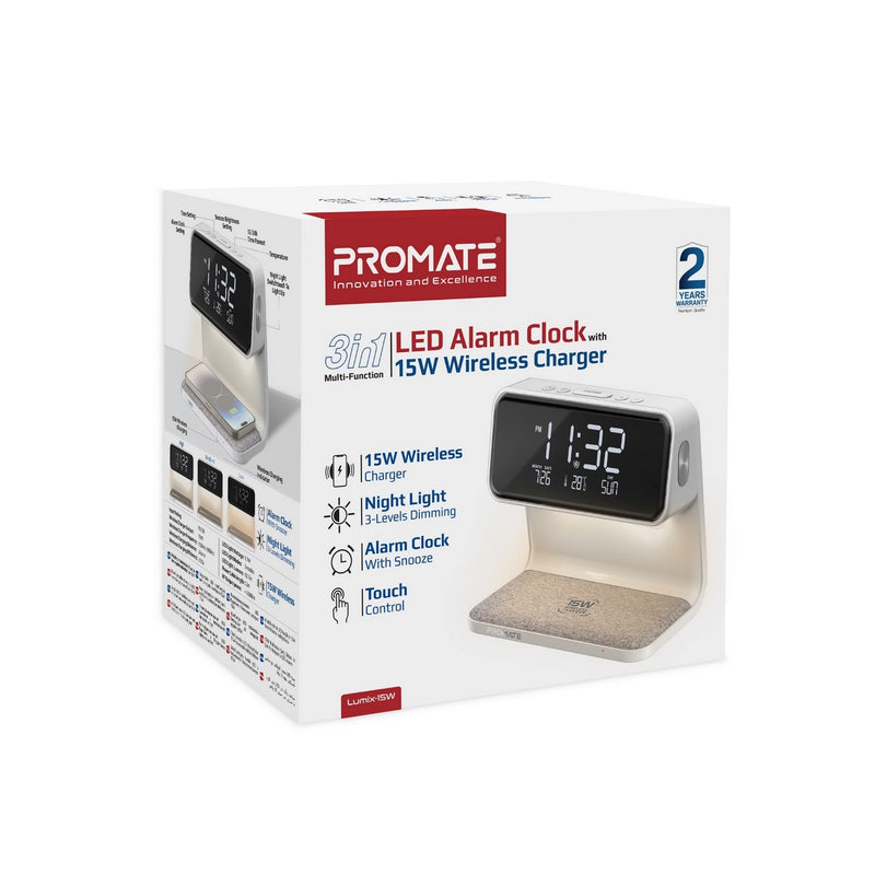 Promate Multi-Function LED Alarm Clock with 15W Wireless Charger, Night Light Modes, Alarm & Snooze Functions | Lumix-15W |