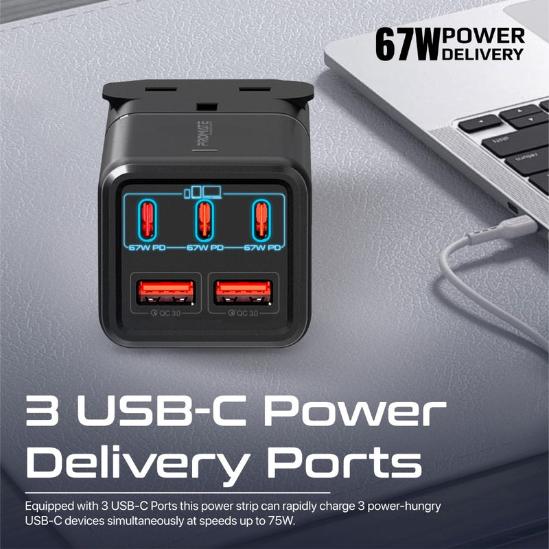 Promate Compact 75W GaNFast Multi-Port Power Strip with AC Socket | PowerBrix-GaN75 |