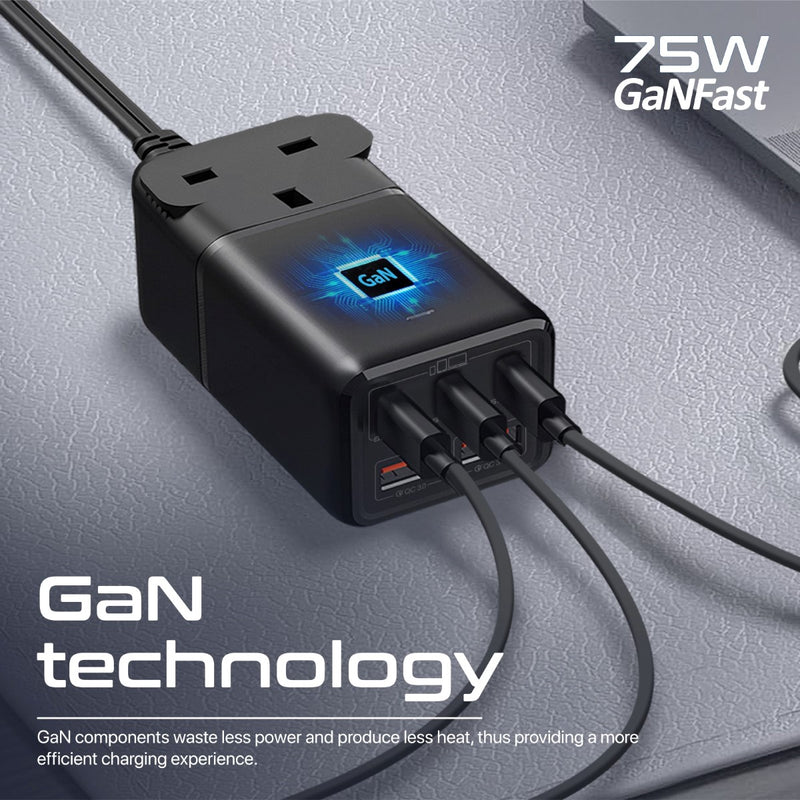 Promate Compact 75W GaNFast Multi-Port Power Strip with AC Socket | PowerBrix-GaN75 |