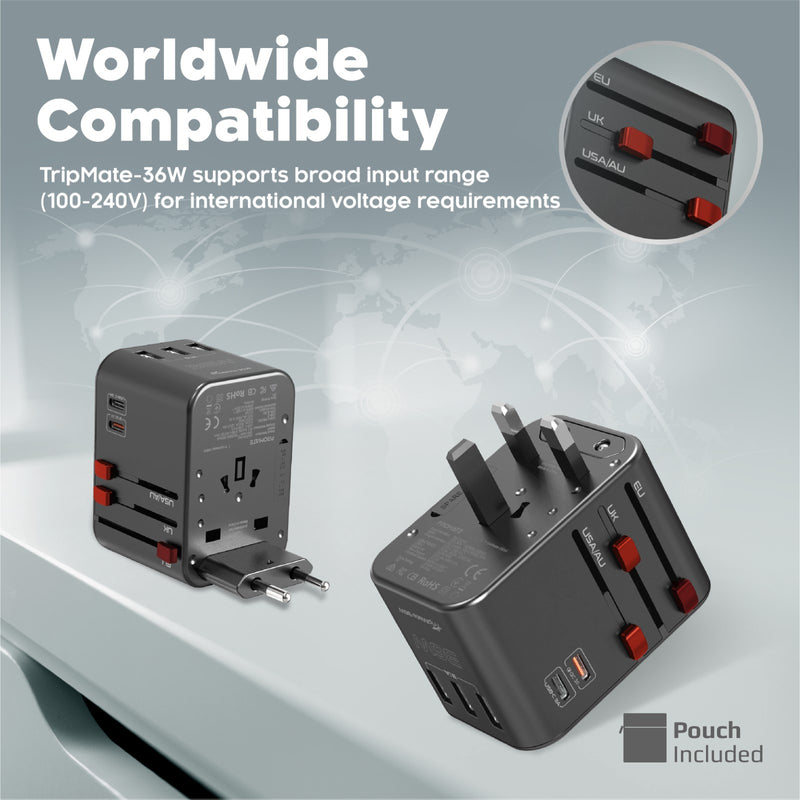 Promate Multi-Port Smart Charging Protected Universal Travel Adapter | TripMate-36W |
